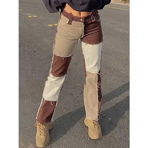 Tossy Patchwork Womens Jeans Bicolor Straight Leg Casual Long Pants High Waist Denim Jeans Y2K Fashion Pencil Trousers XXL