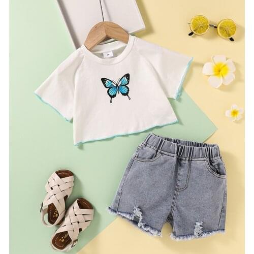 FOCUSNORM 1-6Y Summer Fashion Kids Girls Clothes Sets Butterfly Print Short Sleeve T-shirt + Blue Hole Denim Shorts