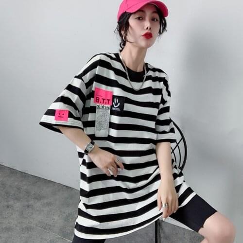 Harajuku Women T-shirt 2021 Mid-length Stripe Female Tops Summer Short-Sleeved T-shirts Plus Size all neon store clothes
