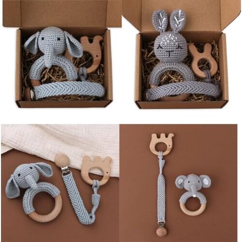 1 Set Newborn Shower Gifts Crochet Baby Rattle Toys Animal Beech Wooden Teething Ring Teether Pacifier Chain Clips