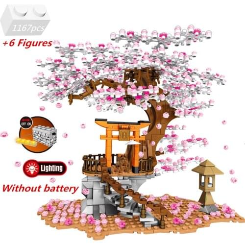 City Street View Sakura Stall Inari Shrine Building Blocks DIY Creator Cherry Tree Blossom House Kit Bricks Toys For Kids Gifts