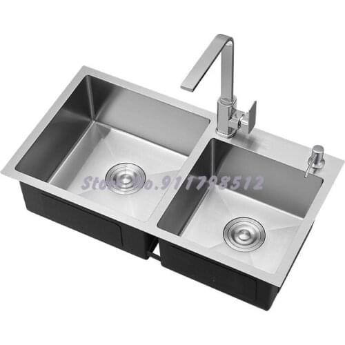 Kitchen Sink 304 Stainless Steel Manual Double Trough Set Meal Sink Above And Below Counter Basin Dishwashing Laundry Sink
