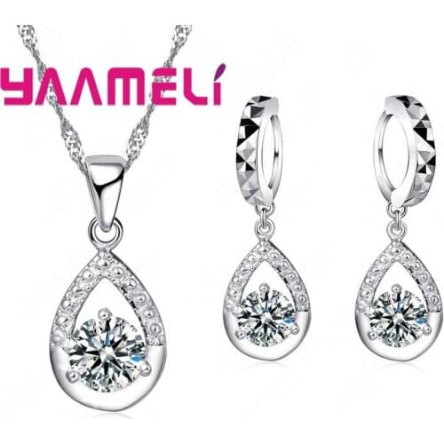 Hot Sale 925 Sterling Silver Jewelry Gift Set Shining Cubic Zircon CZ Crystal Water Drop Pendant Necklace Earrings Chain