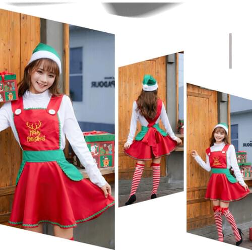Maidservant Cos Top Apron Hat 3PCS Set Woman Christmas Costumes Long Sleeves Top Red Mini Aprom Dress Embroidery Merry Christma