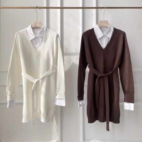0305f02 2021 spring new womens knitting dress detachable fake two-piece shirt collar dress