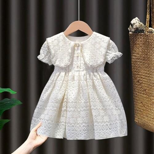 Baby Girls Lace Princess Dresses New Spring Summer Sweet Beading Pearls Short Puff Sleeve A-Line Party Dress Kids Vestidos