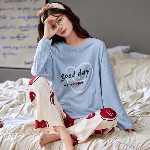 Autumn Pyjamas Cartoon Cotton Womens Pajamas 2Pcs Long Sleeve T-Shirts+Pants Home Suit Woman Sleepwear Pijama Lounge Wear Mujer