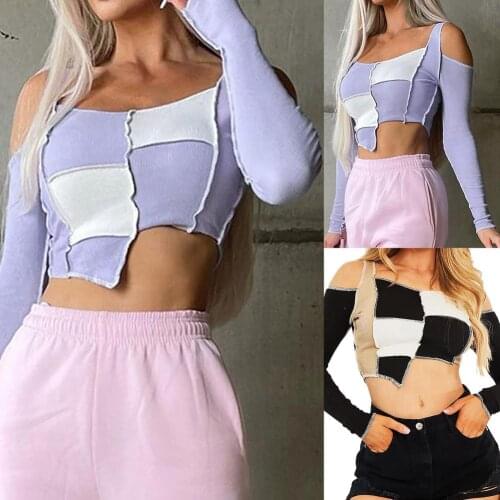 Autumn womens long-sleeved T-shirt new solid color square neck pullover cropped irregular top