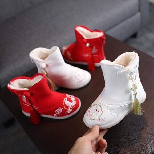 Winter/autumn Kids Girls Embroidered Boots Shoes Plush Velvet Short Boots Chinese Style Snow Boots with Flower Warming Shoes