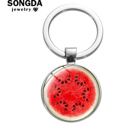 SONGDA Summer Fruit Slice Picture Glass Dome Keychain Watermelon Kiwi Lemon Orange Blueberry Trinkets Bag Charm Pendant Key Ring