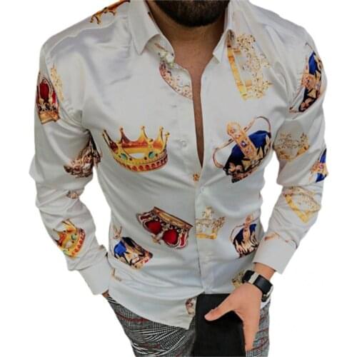 Streetwear Trendy Long Sleeve Buttons Slim Shirt Clothing Shirt Crown Print for Party