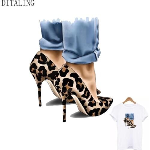 Girl High Heels Sticker Leopard Print Stripe Patches For T-Shirt DIY Thermal Sticker On Clothes Washable Iron-On Transfers Patch