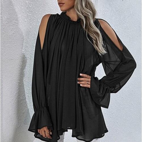 Women Black Chiffon Long Blouse Flare Sleeve Off Shoulder Pleat O Neck Blouse Lace Up Casual Office Female 2021 Newest Chic Tops