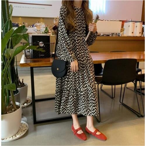 Women Dress 2021 Spring Summer Korean Fashion Vintage Print Chiffon Midi Ladies Elegant Loose Clothes LYQ1298