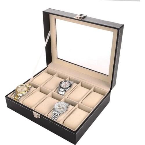 10 Grids Watch Box PU Leather Watch Holder Organizer Storage Box with Lock Glass Window Display Watch Box Bracelet Boxes