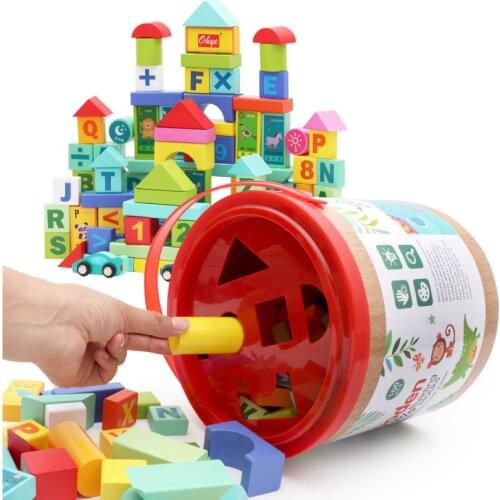 High Quality 100PCS Barreled City Building Blocks Set Childrens Wooden Alphabet Assembly Early Education Toy Gift