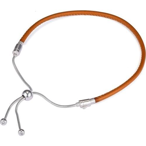 Bracelet For Women Sliding Golden Tan Leather Bracelets 925 Sterling Silver Jewelry Femme Pulseira Plata de ley Armband