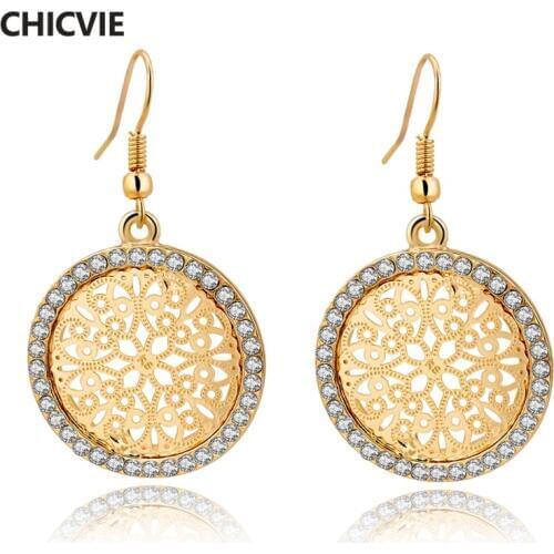 CHICVIE Classic Crystal Brand Earrings With Stones For Women Lady Big Gold Round Statement Fashion Jewelry Earrings SER150069