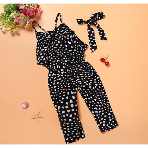 Girl Summer Playsuit Sleeveless Strappy Heart Print Belt Kids Jumpsuit Overall