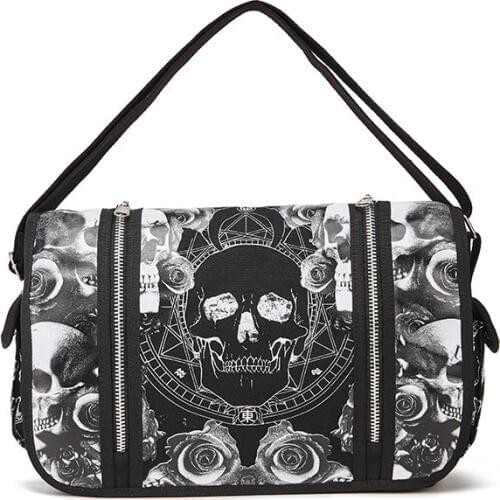 JIEROTYX Unisex Mica Skulls Roses Black & White Illuminati Gothic Waterproof Shoulder Cross Messenger School Work Bag Drop Ship