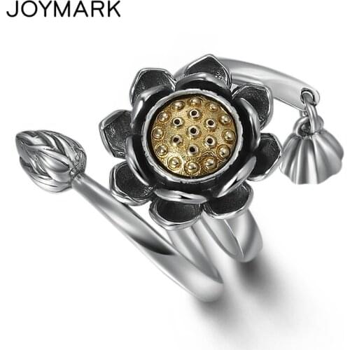 S925 Sterling Silver Vintage Fortune Rotating Lotus Ring Female Thai Silver Multi-layer Open Rings TSR123