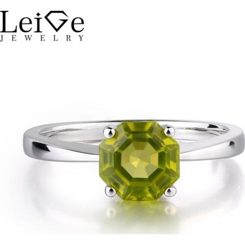 Leige Jewelry Real Peridot Gemstone Octagon Cut Anniversary Solitaire Rings For Woman 925 Sterling Silver August Birthstone