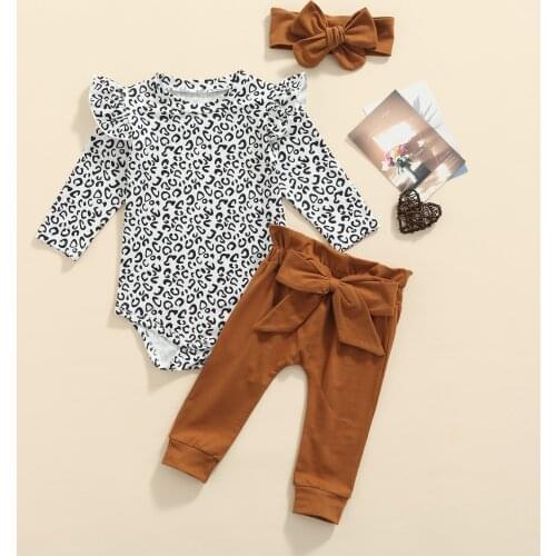 Princess Baby Girls 3Pcs Fall Outfits Long Sleeve Leopard Ruffle Romper+Bow Tie Pants+Headband Set Infant Little Girls Clothes
