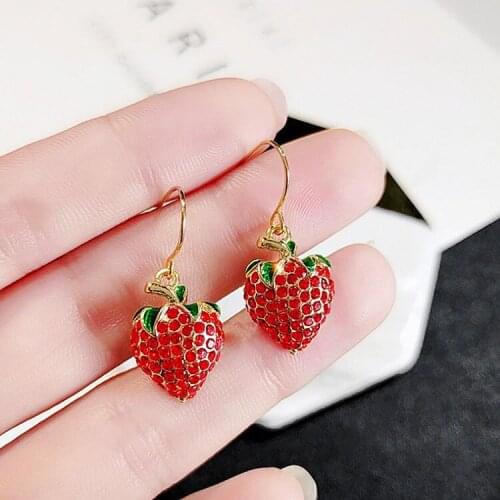 Womens Sweet Cute Red Full Filled Zircon Red Strawberry Dangle Earrings Shine Crystal Earrings Party Jewelry Birthday Gifts