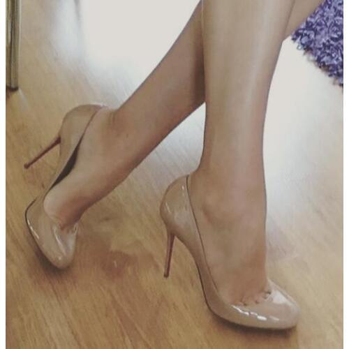 Moraima Snc Fashion Nude Patent Leather High Heel Shoes Round Toe Stiletto Heels Woman Slip on Thin Heels party Dress Shoes