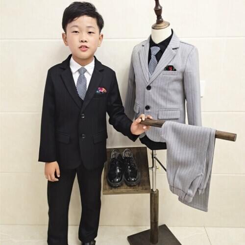 Boy Formal Dress Suit set Flower Girl Wedding Host Performance Costume British Style Kids Striped Blazer Vest Pants Tie Outfit