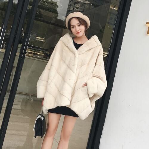 Autumn and winter new imported velvet mink female tidy long section mink fur hooded bat shirt coat