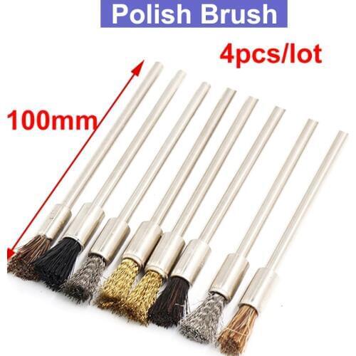 URANN 4pcs 3mm Shank 100mm Length Brass Wire Metal Polishing Brush For Electric Grinder Tool Dremel Rotary Brush Set