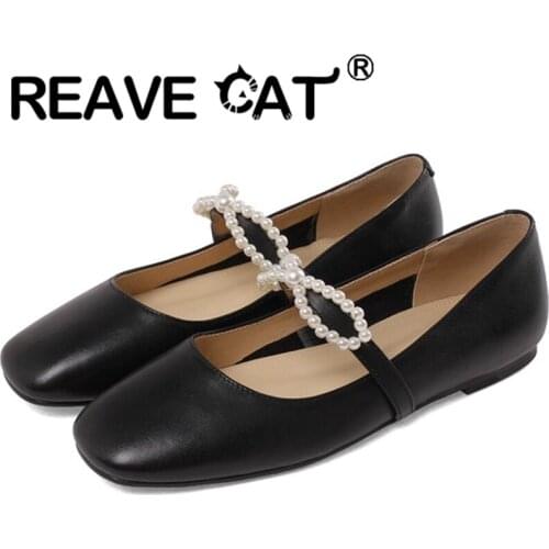 REAVE CAT 2021 Genuine Leather Comfort Plus Lady Flat Beading Mary Janes Buckle Strap Round Toe Square Heel 1cm US9 Beige A4284