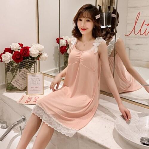 With Bra Sling Nightdress Womens Summer Korean Sexy Nightgown & Sleepstirts Sweet Lovely Lace Princess Wind Nightwear Home Wear