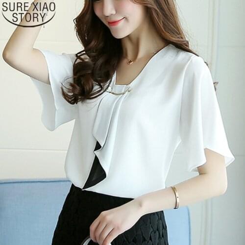 Plus Size Womens Clothing New Spring Fashion Chiffon Women Shirt Blouse Short Sleeve Loose Bow Neck Womens Tops Blusas D560 50