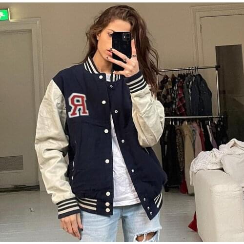 Letter Embroidery Loose Jackets Women Autumn Autumn Coat American Baseball Bomber Jacket Fashion Streetwear Oversize Tops 2021