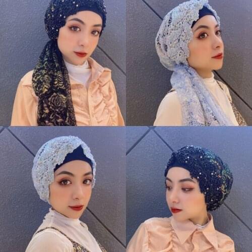 Arab Beaded Women cap Lace Printing Hijabs Muslim Shawls Islamic Grils Fashion Scarf Headwear Long Hijabs Embroidery Leaves