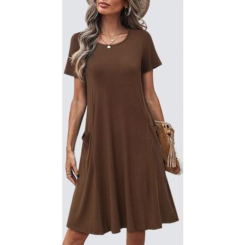 Women Brief Casual Solid Color Short Sleeve Round Neck Loose Straight Mini Dress with Pockets 1HT027