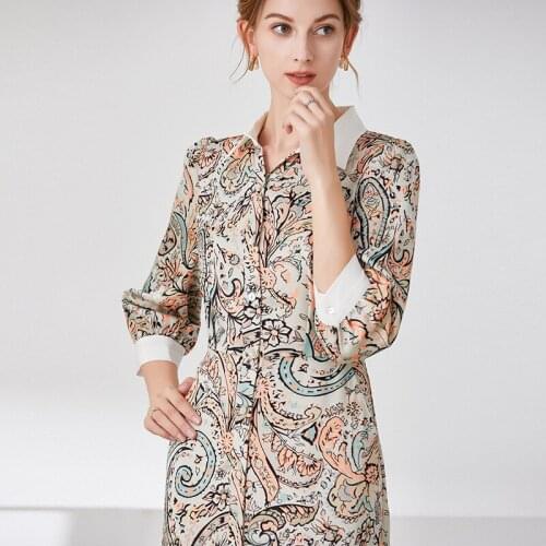 Blue Yellow Paisley Floral Silk Shirt Dresses Women Fashion 2021 Summer Long Casual Sexy Office Work Daily Dress Plus Size Slim