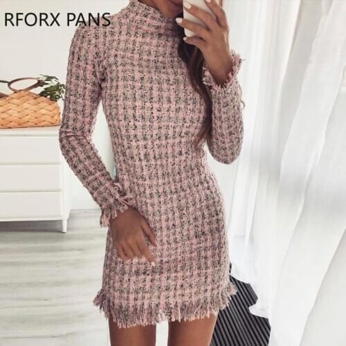 Women Long Sleeve Fringe Hem Tweed Bodycon Dress Casual Dress Elegant Dress