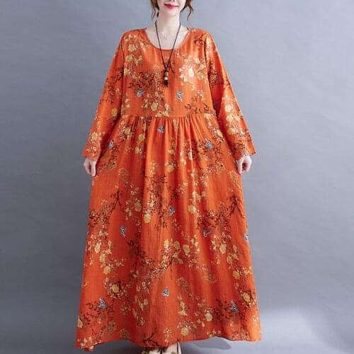 2021 New Arrival Tie Dye Print Floral Vintage Autumn Dress Cotton Linen Soft Plus Size Loose Long Maxi Women Casual Spring Dress