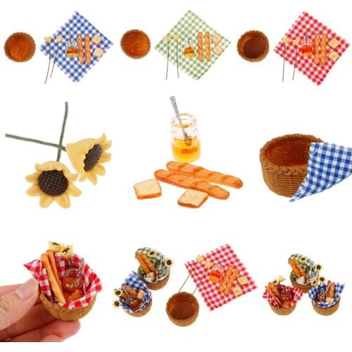 1 Set 1:12 Dollhouse Miniature DIY Honey Bread Flowers Picnic Basket Set Furniture Decor Accessories