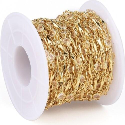 1Roll 10m Handmade Brass Beaded Chains Soldered with Clear Cubic Zirconia and Spool Long-Lasting Plated Real 18K Gold Plated