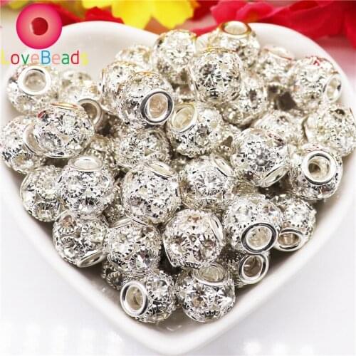 10Pcs White Clear Crystal Rhinestone Glass Round Ball Muranos Large Hole Loose Spacer Beads Women Girls Wedding Jewelry Bracelet