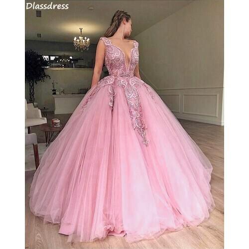 Ball Gown Evening Dress 2020 Pink Applique Beaded Sleeveless Sexy V-neck Floor Length For Girl Prom Dress vestidos de fiesta