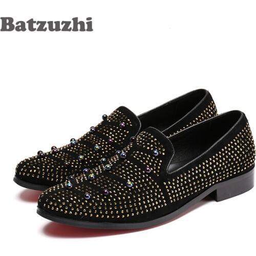 Batzuzhi Handmade Fashion Men Shoes Black Suede with Rhinestones Men Loafers Shoes Leather Casual Shoes Man Wedding Party