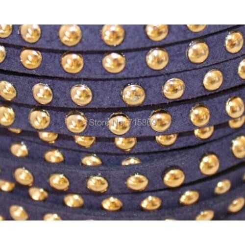 Free Ship 100 Meters Navy Blue 5 x1.5mm w/ Gold Rivet Accents Microfiber Flat Faux Suede LeatherLace Cord For DIYJewelry