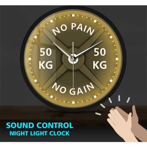 NO PAIN NO GAIN Barbell Modern Metal Frame LED Wall Clock Sound Control Weight Lifting Dumbbell Bodybuilding Watch Gym Decor