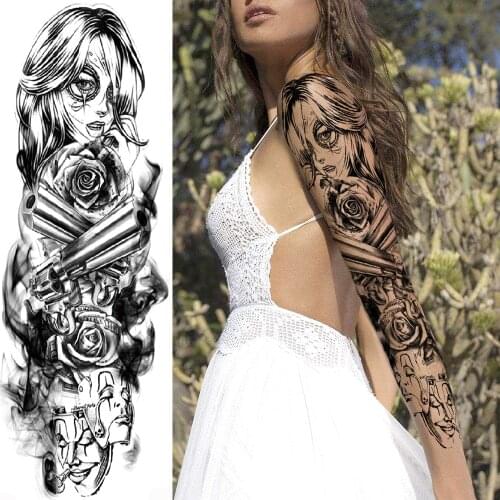 Anime Gun Lady Temporary Flower Tattoos For Men Women Mask Body Art Full Arm Sleeve Tatoos Water Trasnfer Rose Tattoo Stickers