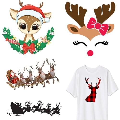 DIY Cartoon Christmas Deer Heat Transfer Sticker For Vogue Girl Clothing Patch 1 Piece. T385